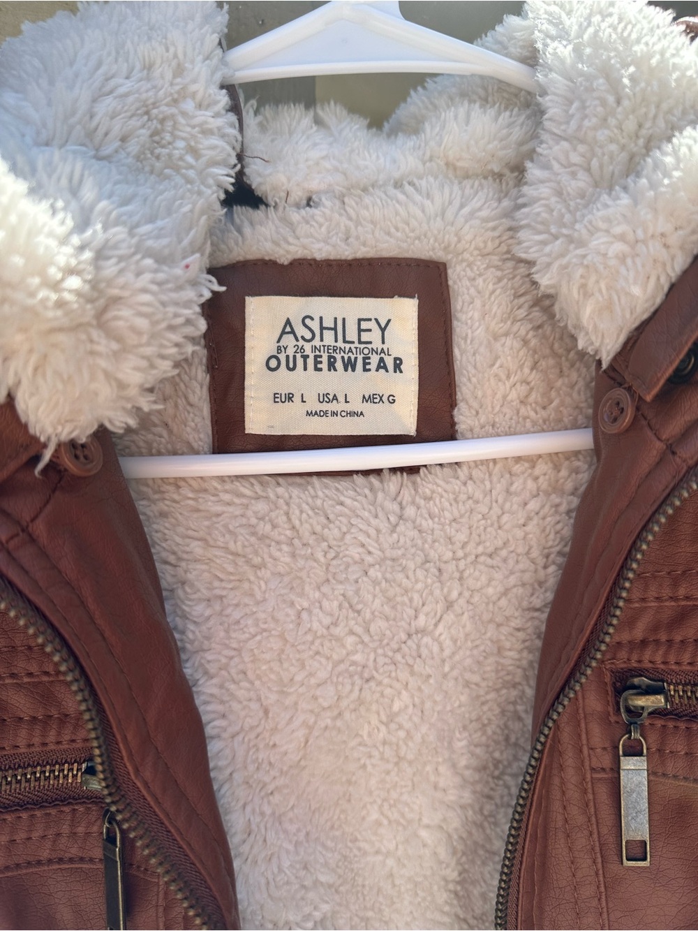 Women’s Brown Faux Leather Hooded Jacket with Sherpa Lining - Picture 3 of 7